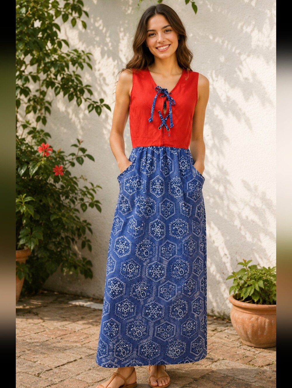Design House Vintage 70's Women's Maxi Apron Dress Cotton Red/blue W/Pockets #C